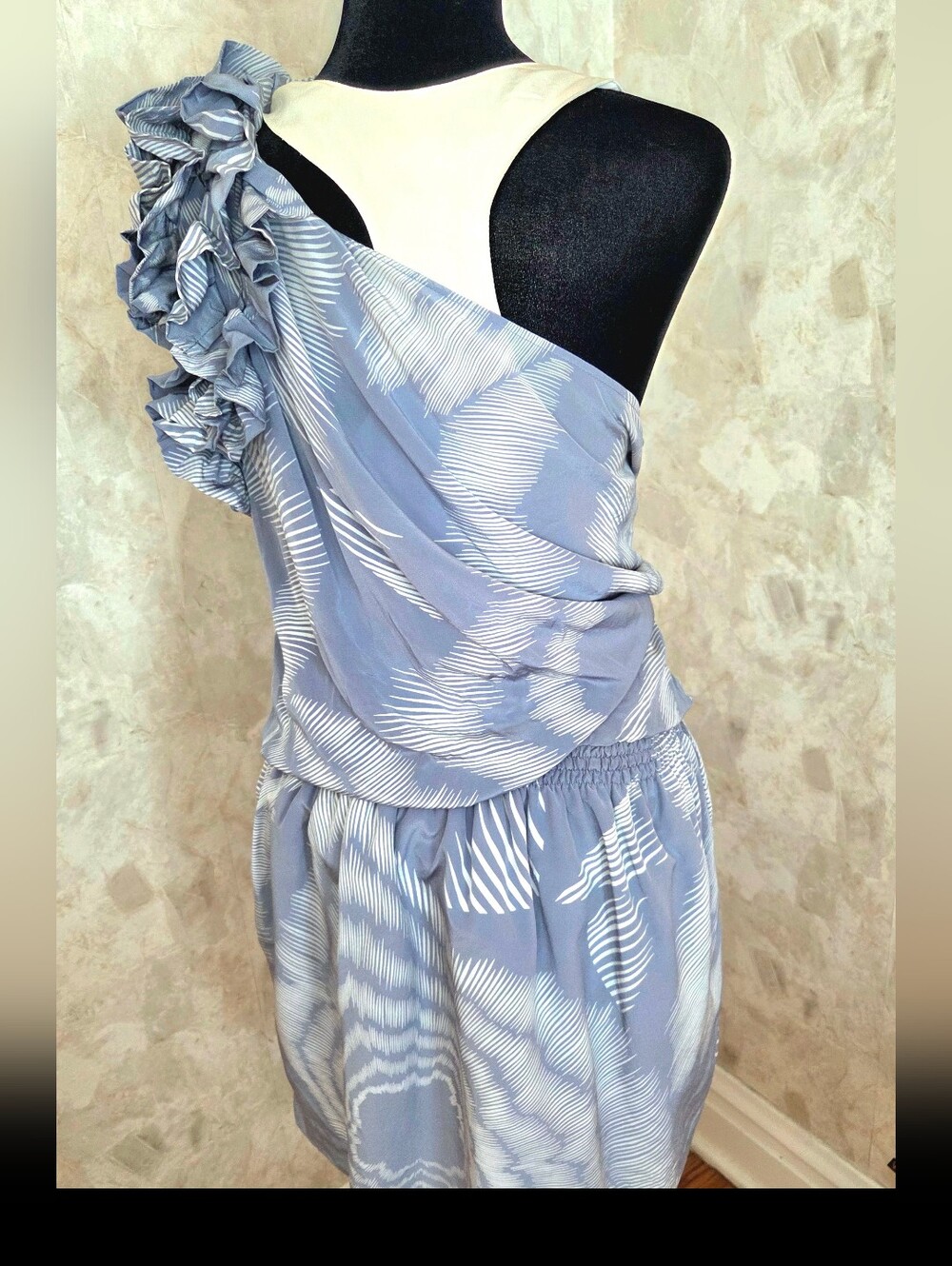 Robert Rodriguez Silk One Shoulder Dress Size 6 Blue White Ruffle Resort Vacatio - Picture 10 of 15